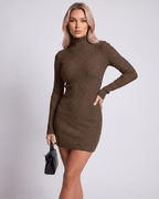 Veloura Mini Dress by Lauven — ribbed knit long sleeve high neck slim fit mini dress