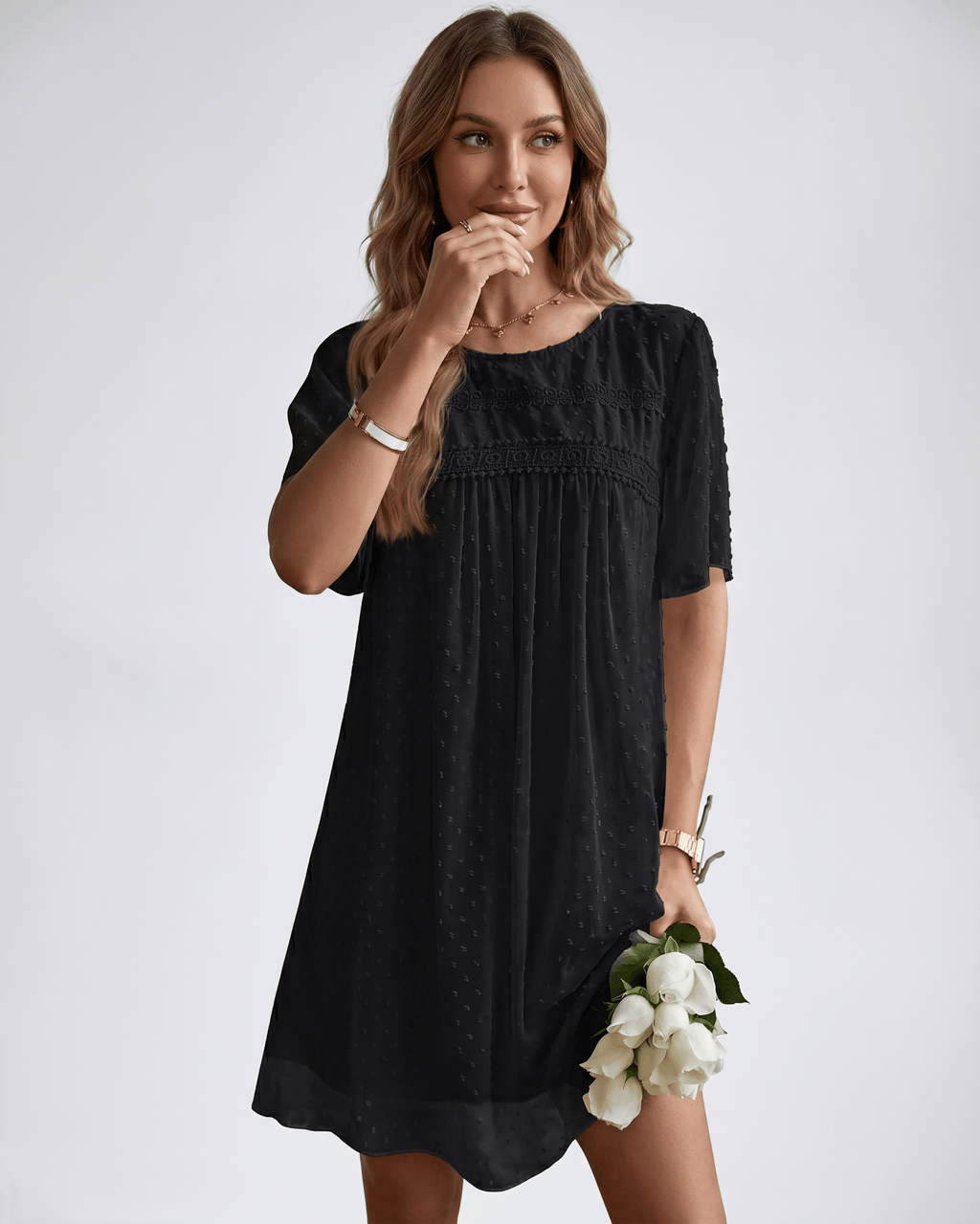Eloria Mini Dress by Lauven — swiss dot mesh short sleeve round neck A-line mini dress