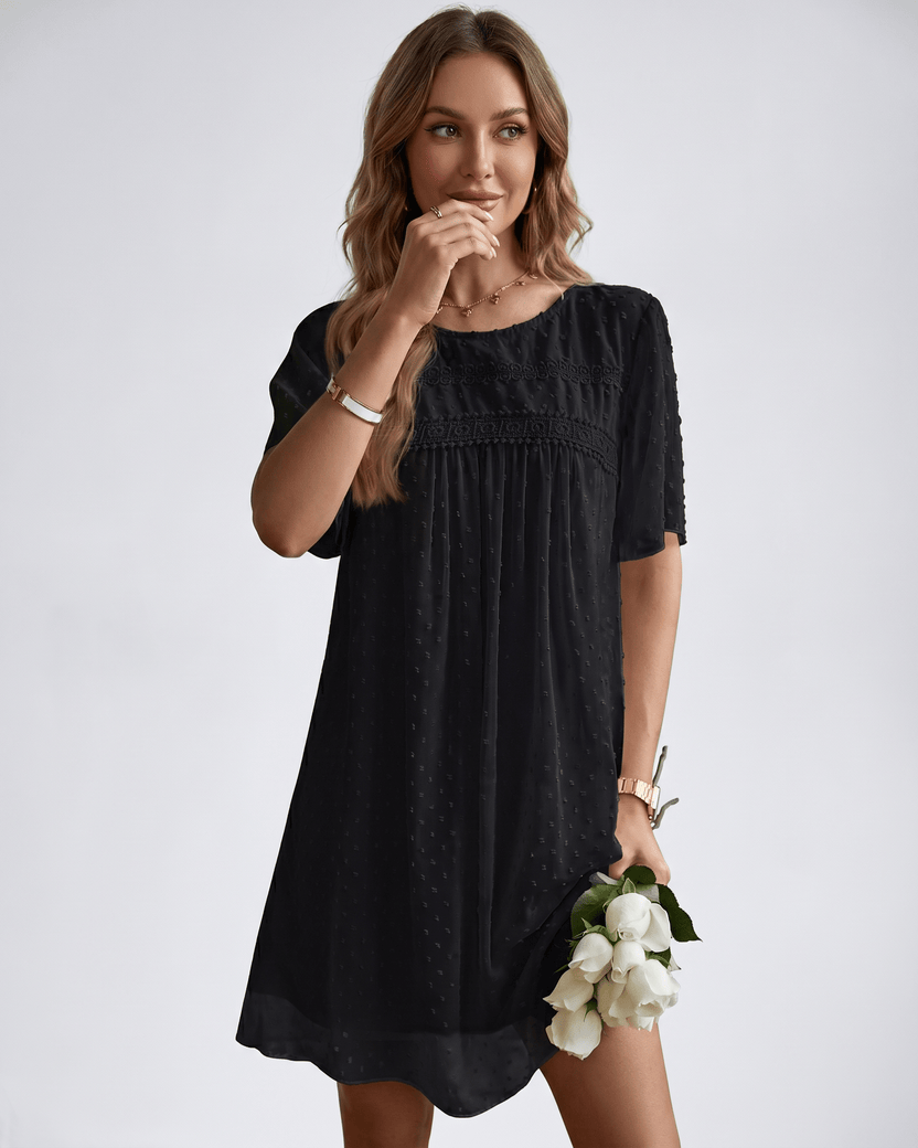 Eloria Mini Dress by Lauven — swiss dot mesh short sleeve round neck A-line mini dress