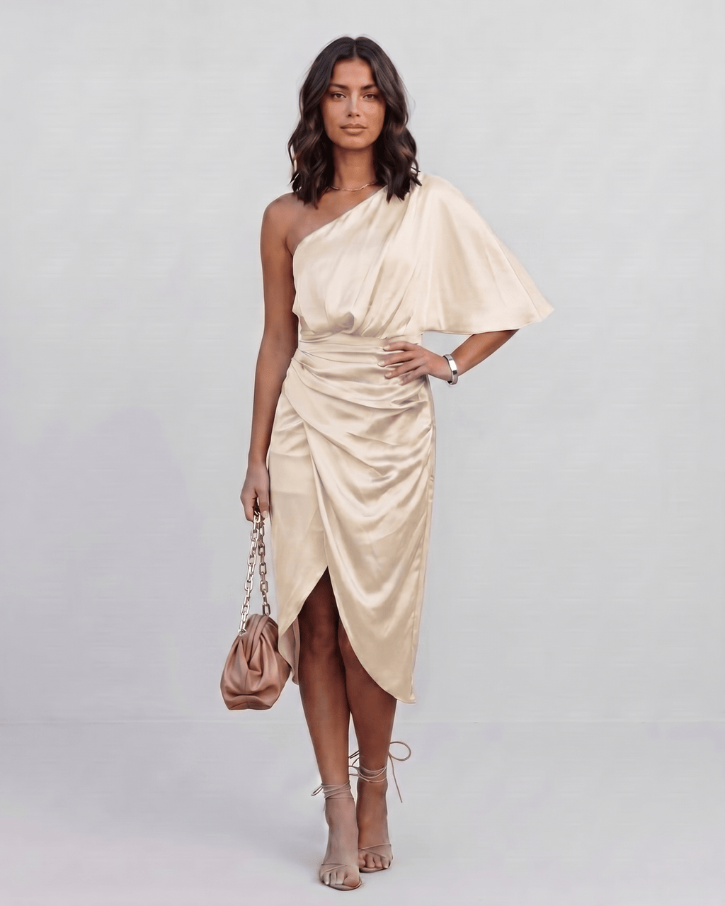 Veloura Midi Dress by Lauven — satin one shoulder draped midi dress with slit