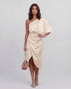 Veloura Midi Dress by Lauven — satin one shoulder draped midi dress with slit