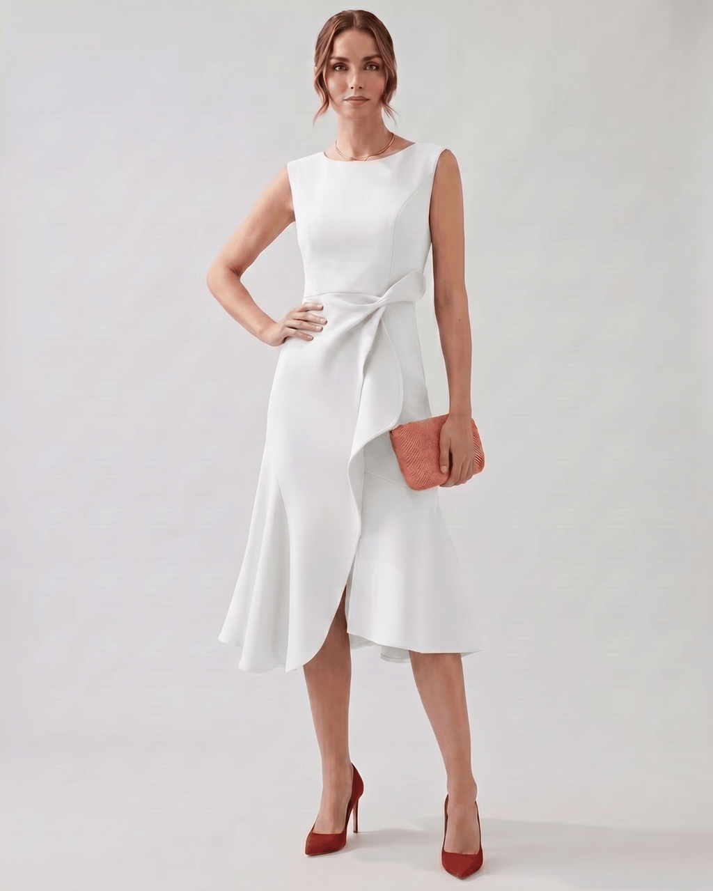 Serelune Midi Dress by Lauven — sleeveless satin midi dress with ruffle detail and fit flare silhouette