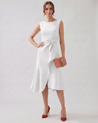 Serelune Midi Dress by Lauven — sleeveless satin midi dress with ruffle detail and fit flare silhouette