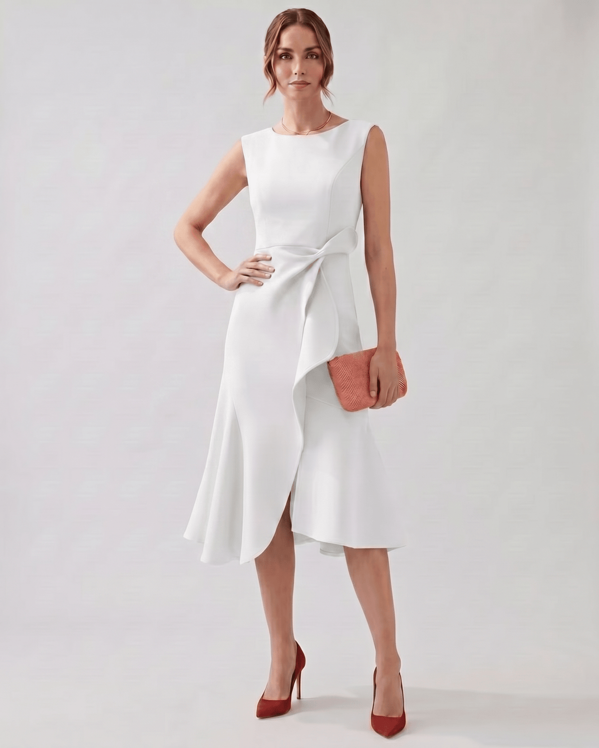 Serelune Midi Dress by Lauven — sleeveless satin midi dress with ruffle detail and fit flare silhouette