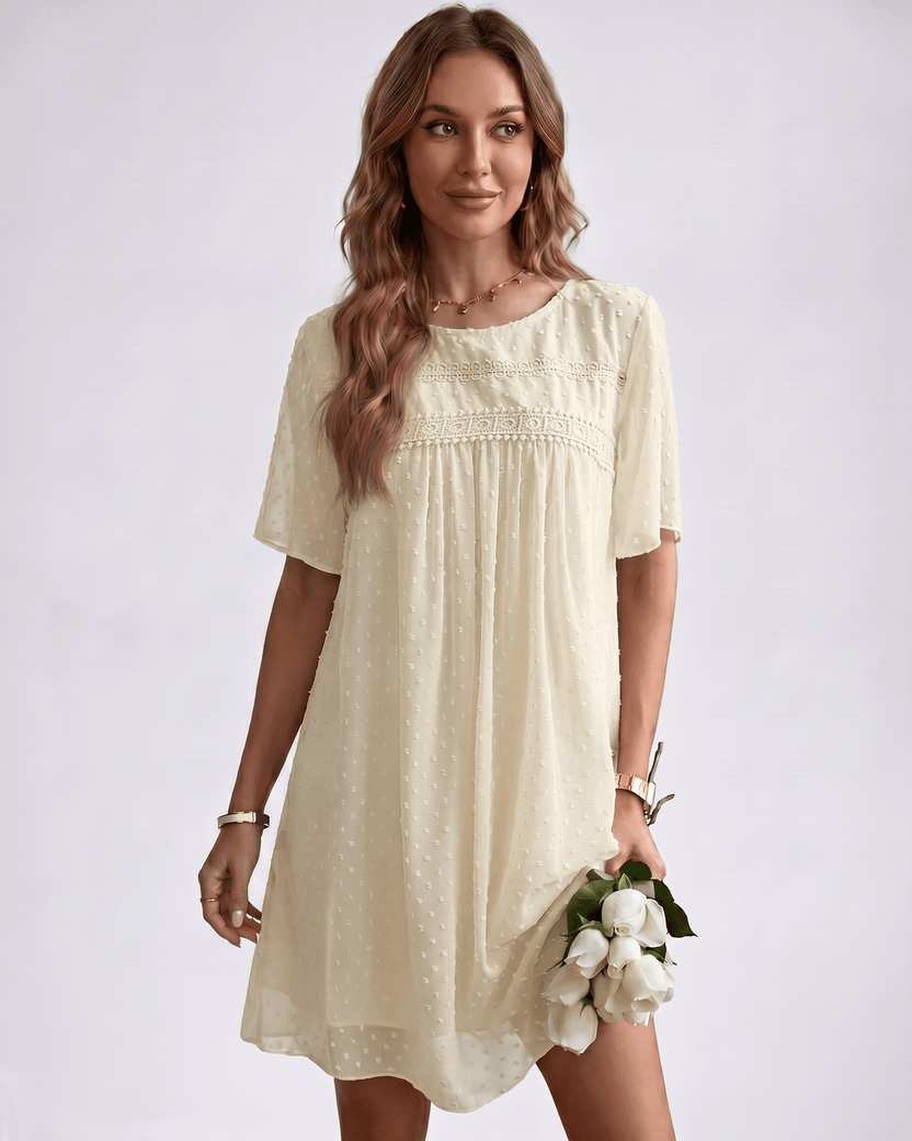 Eloria Mini Dress by Lauven — beige swiss dot mesh short sleeve round neck A-line mini dress