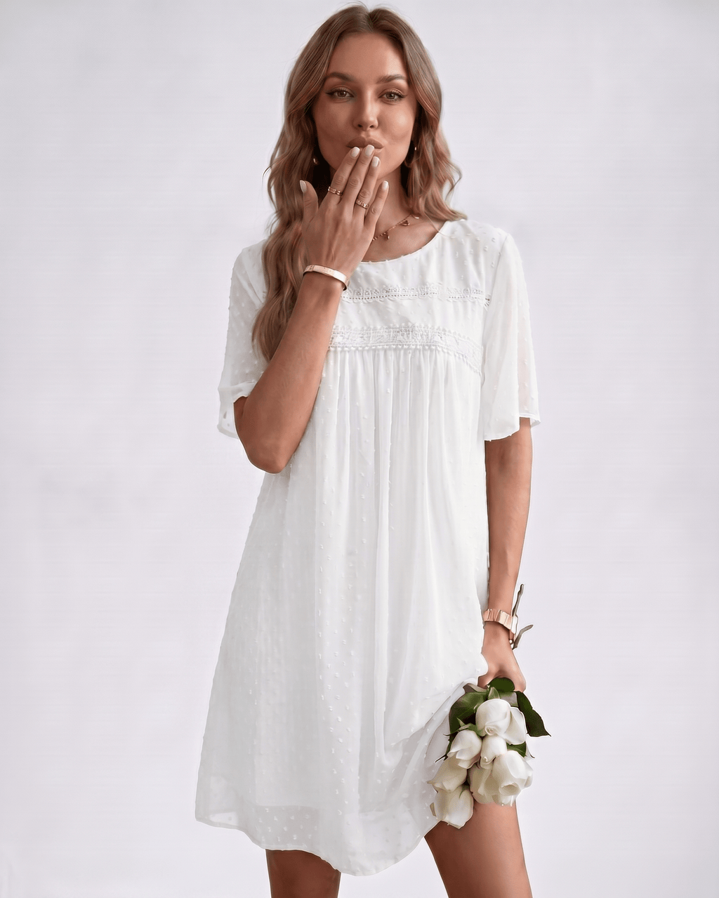 Eloria Mini Dress by Lauven — swiss dot mesh short sleeve round neck A-line mini dress