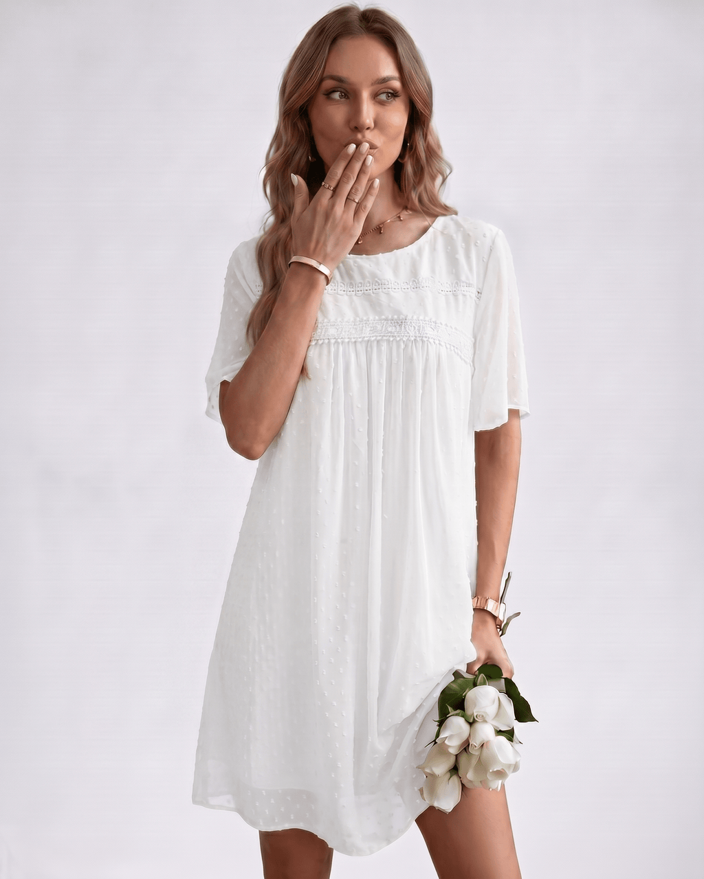 Eloria Mini Dress by Lauven — swiss dot mesh short sleeve round neck A-line mini dress