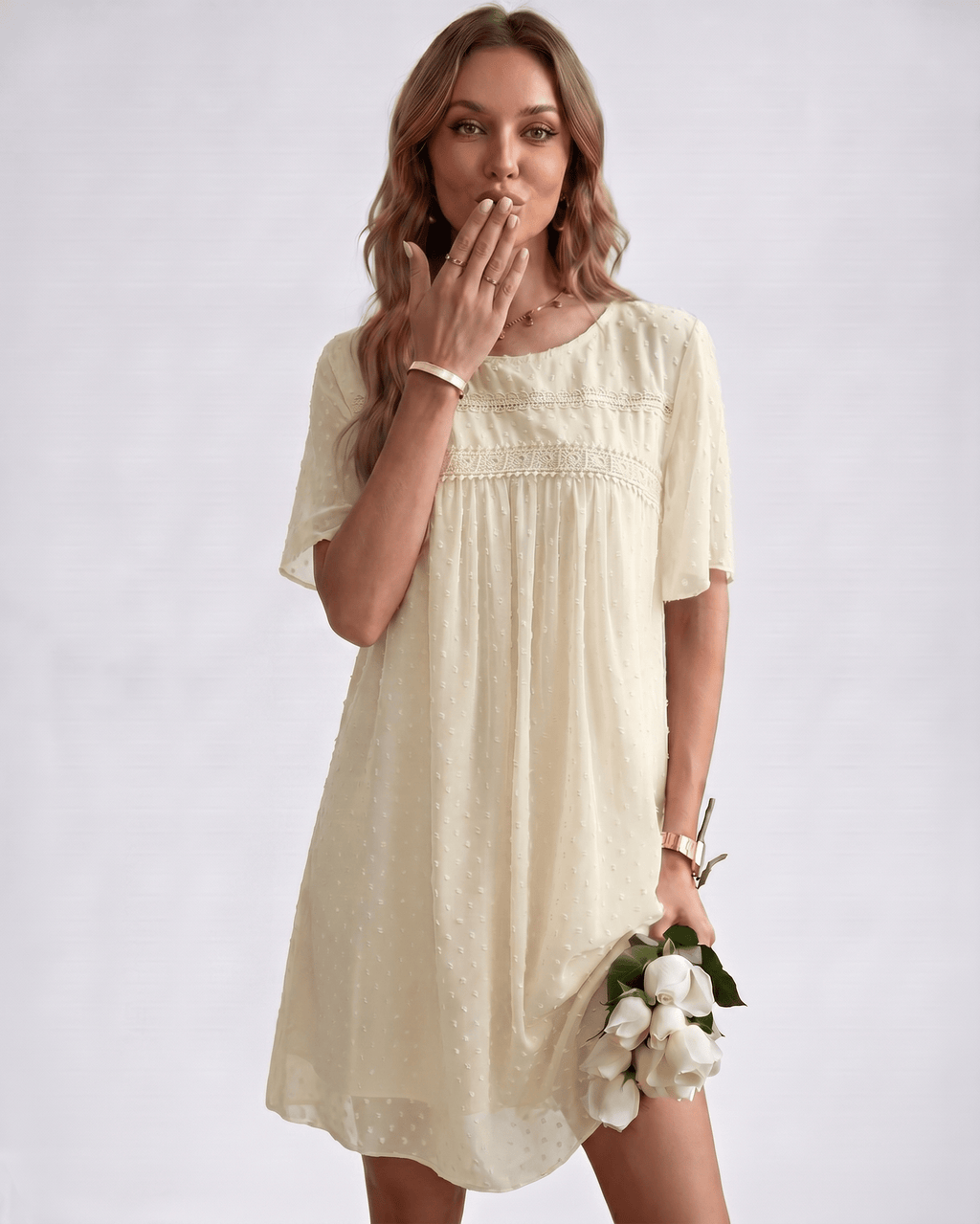 Eloria Mini Dress by Lauven — swiss dot mesh short sleeve round neck A-line mini dress