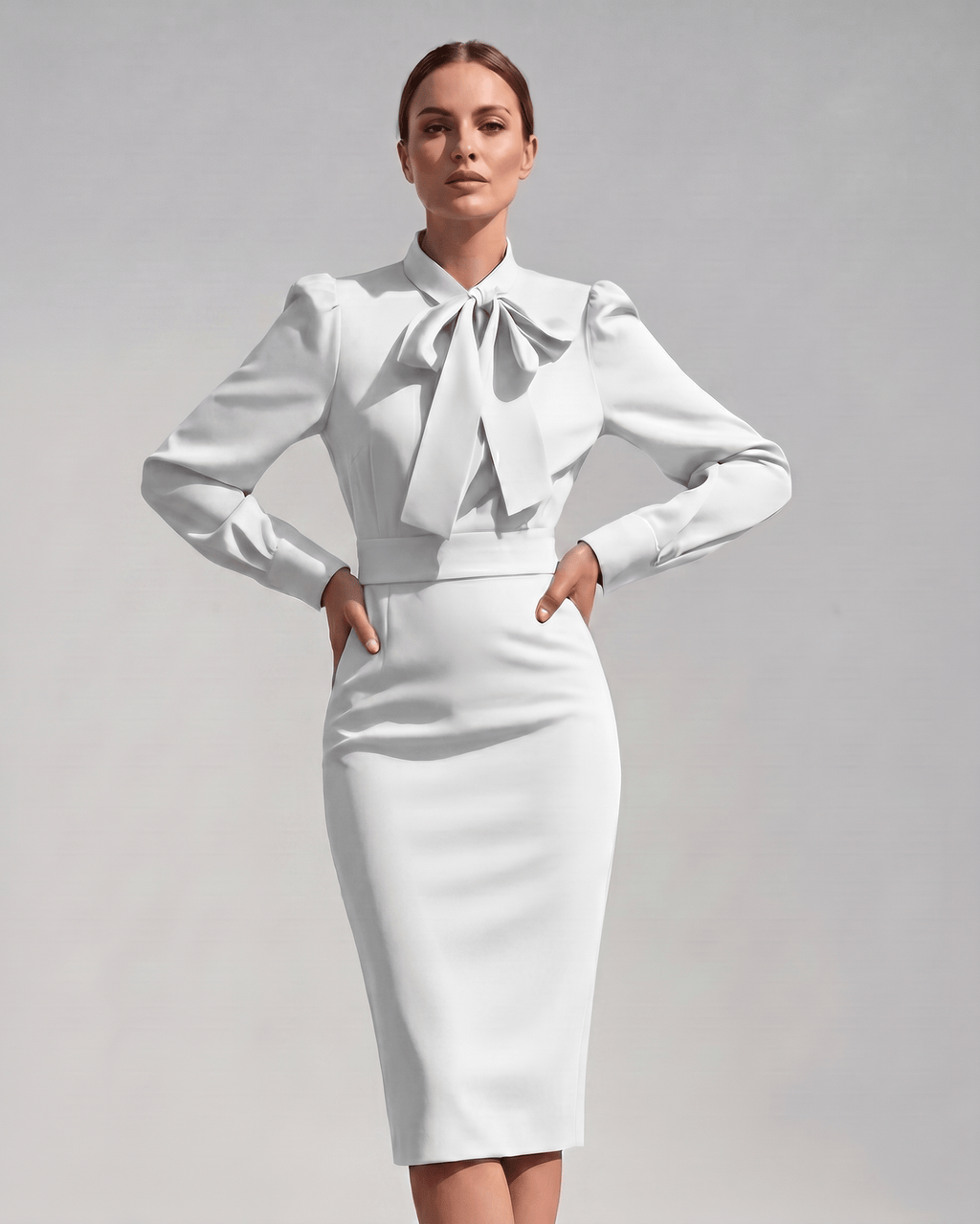 Celestine Midi Dress by Lauven — satin blend long sleeve bow neck pencil midi dress
