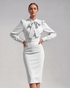 Celestine Midi Dress by Lauven — satin blend long sleeve bow neck pencil midi dress