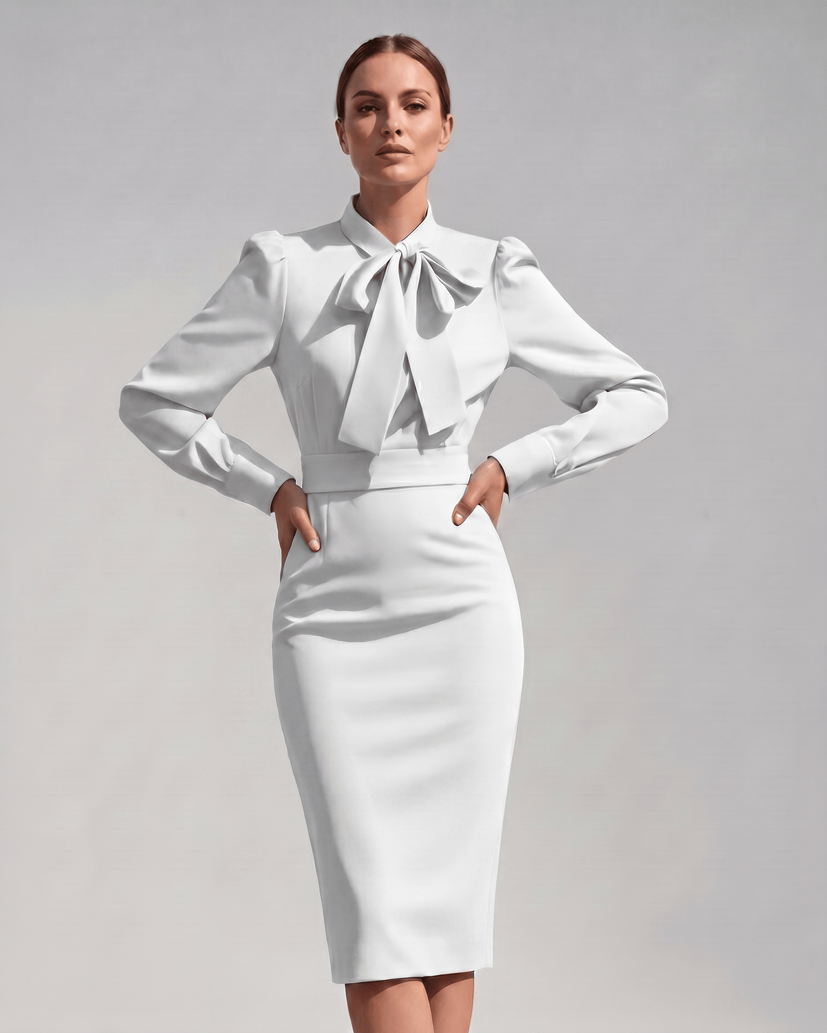 Celestine Midi Dress by Lauven — satin blend long sleeve bow neck pencil midi dress
