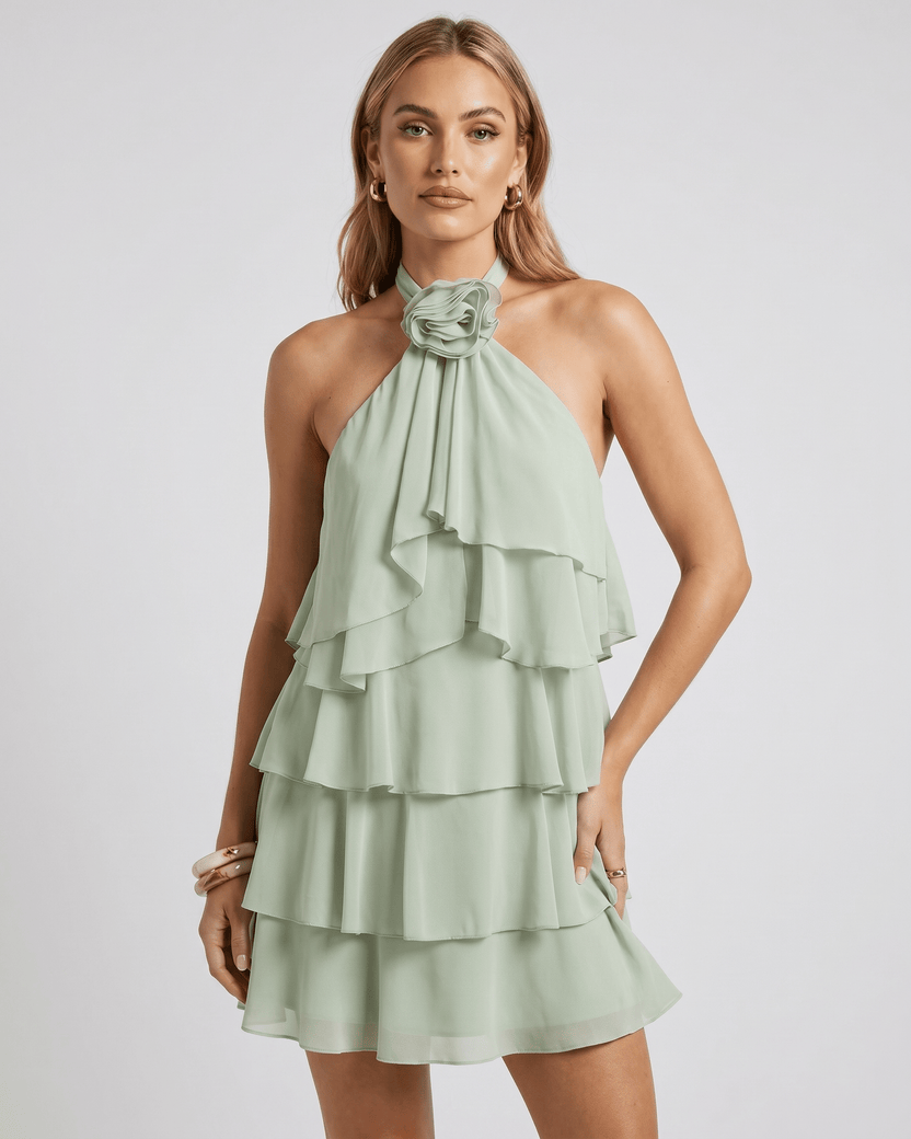 Roselle Mini Dress by Lauven — green chiffon sleeveless halter neck tiered mini dress