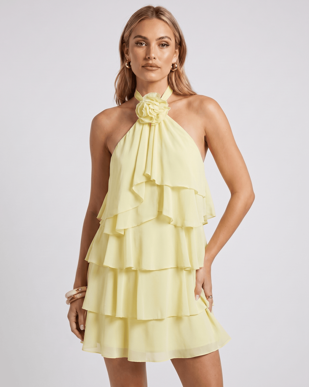 Roselle Mini Dress by Lauven — yellow chiffon sleeveless halter neck tiered mini dress