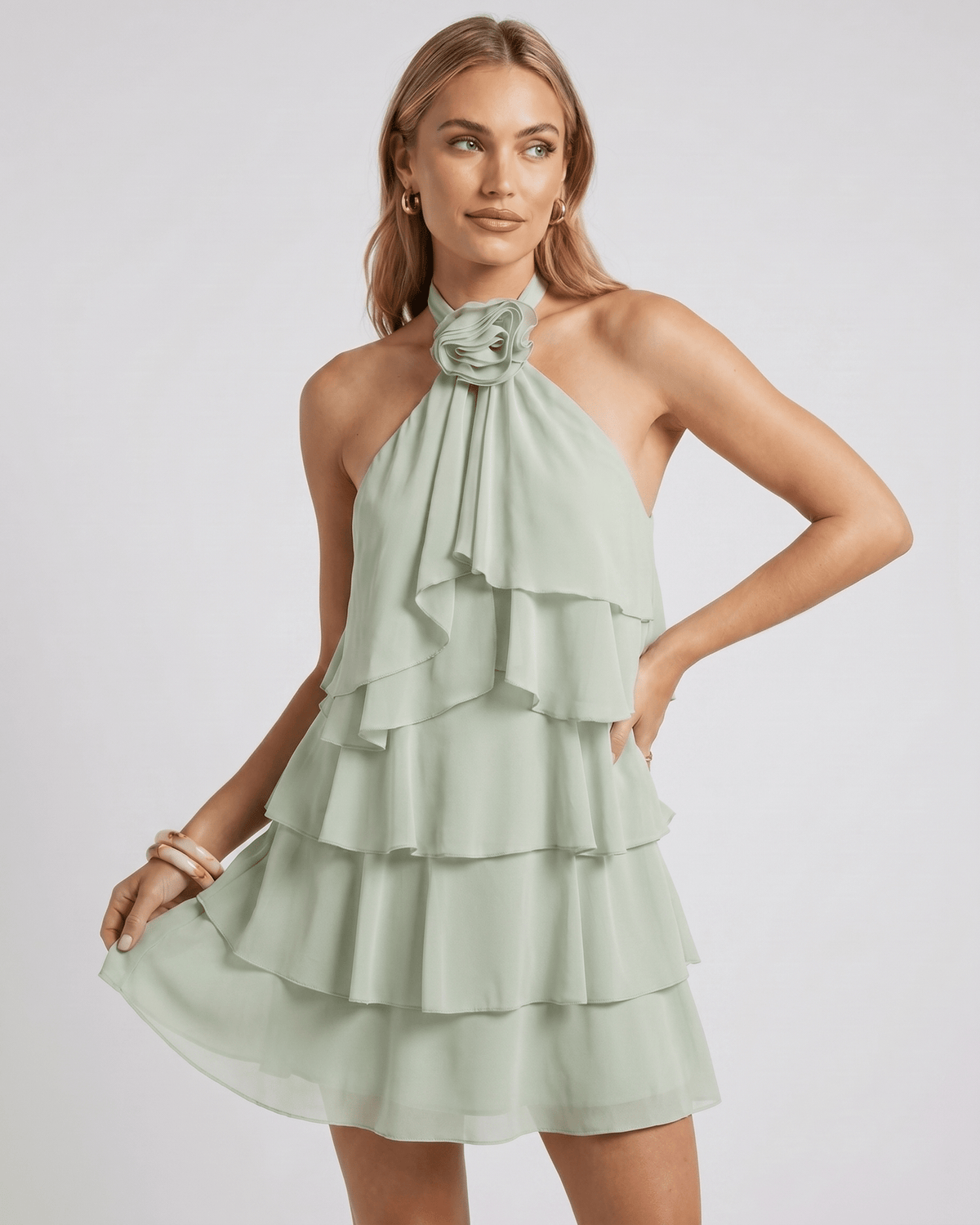 Roselle Mini Dress by Lauven — chiffon sleeveless halter neck tiered mini dress