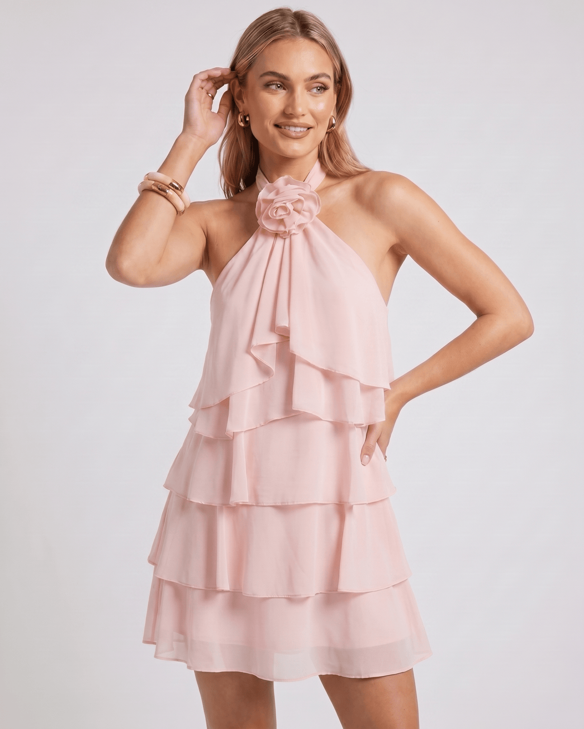 Roselle Mini Dress by Lauven — chiffon sleeveless halter neck tiered mini dress