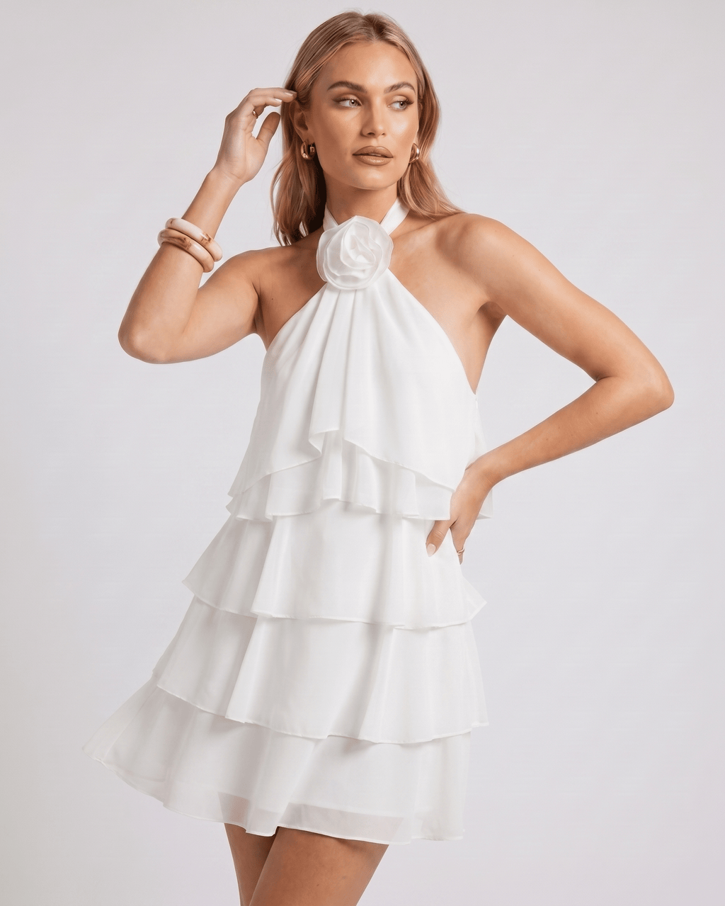 Roselle Mini Dress by Lauven — chiffon sleeveless halter neck tiered mini dress
