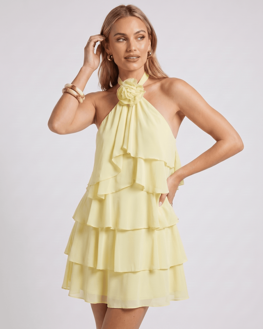 Roselle Mini Dress by Lauven — chiffon sleeveless halter neck tiered mini dress