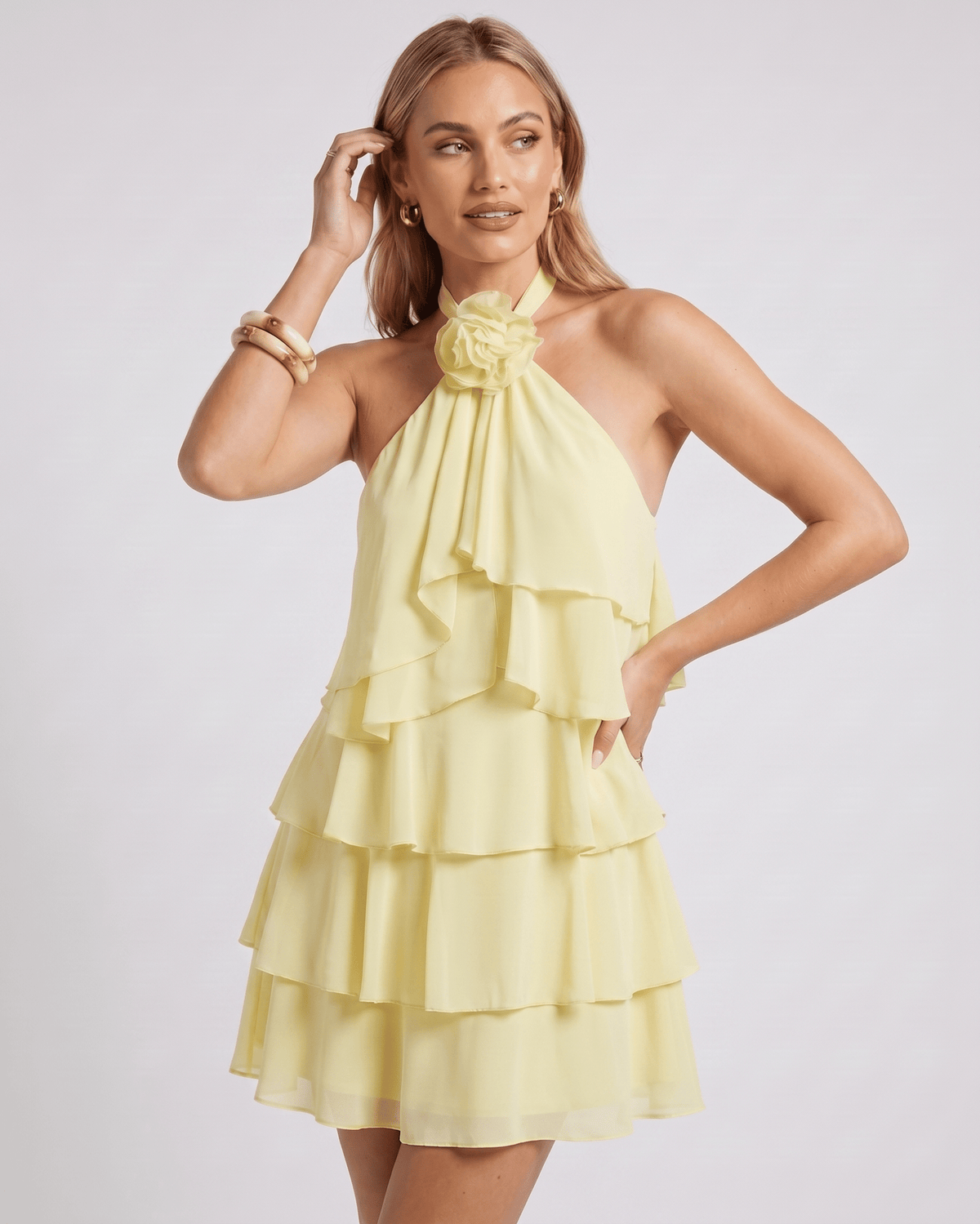 Roselle Mini Dress by Lauven — chiffon sleeveless halter neck tiered mini dress