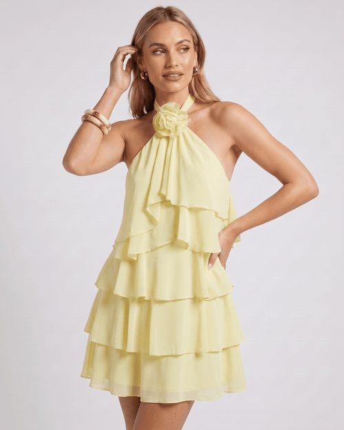 Roselle Mini Dress by Lauven — chiffon sleeveless halter neck tiered mini dress