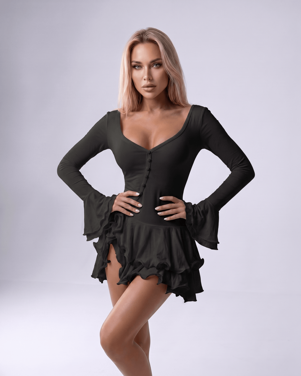 Valisse Mini Dress by Lauven — stretch knit long sleeve V-neck bodycon mini dress