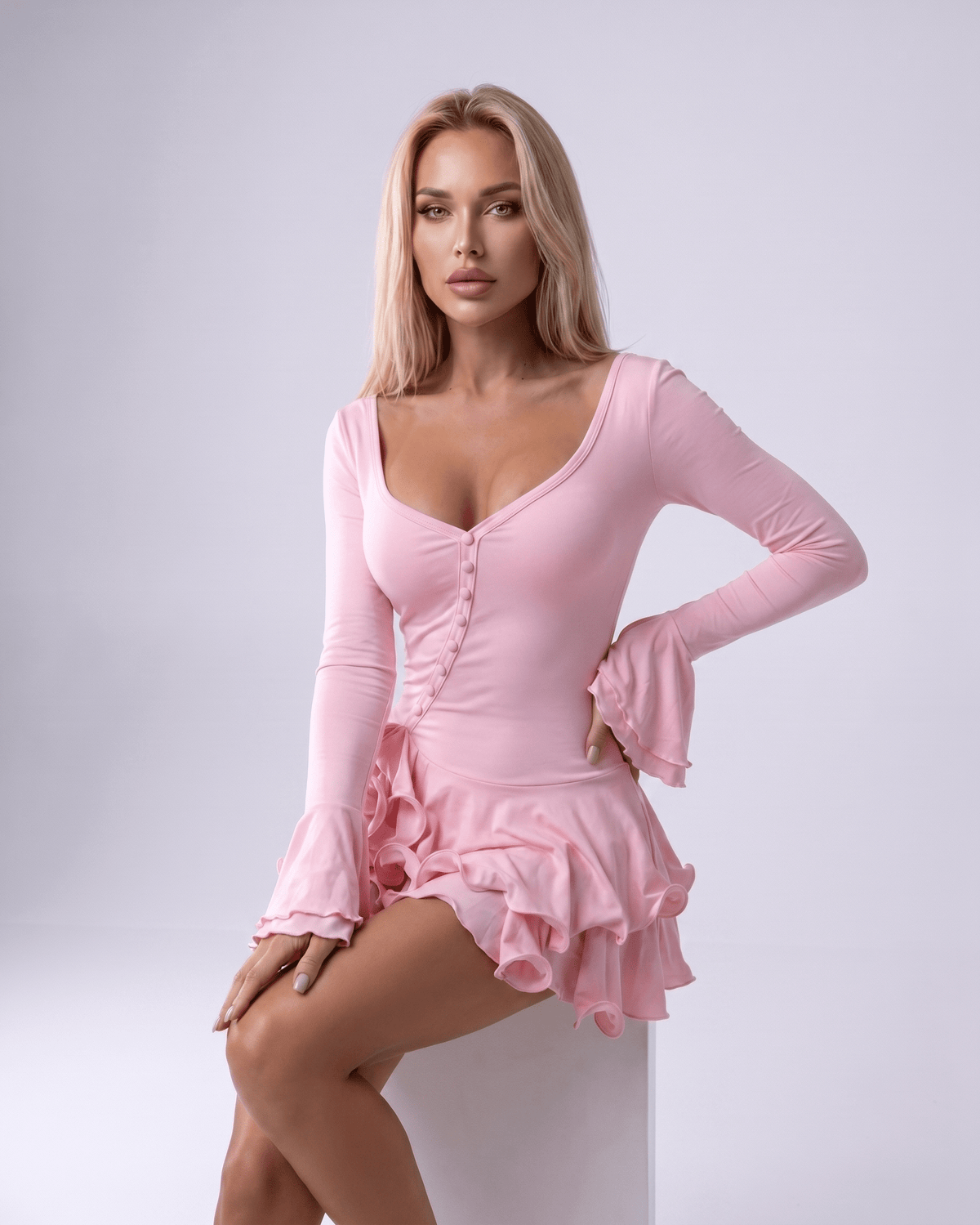 Valisse Mini Dress by Lauven — stretch knit long sleeve V-neck bodycon mini dress