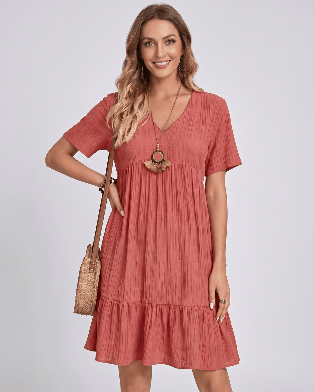 Solenne Mini Dress by Lauven — textured short sleeve V-neck A-line mini dress