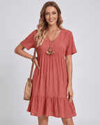 Solenne Mini Dress by Lauven — textured short sleeve V-neck A-line mini dress
