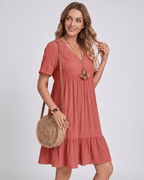 Solenne Mini Dress by Lauven — textured short sleeve V-neck A-line mini dress