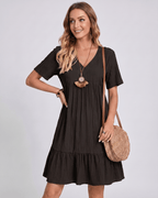 Solenne Mini Dress by Lauven — textured short sleeve V-neck A-line mini dress