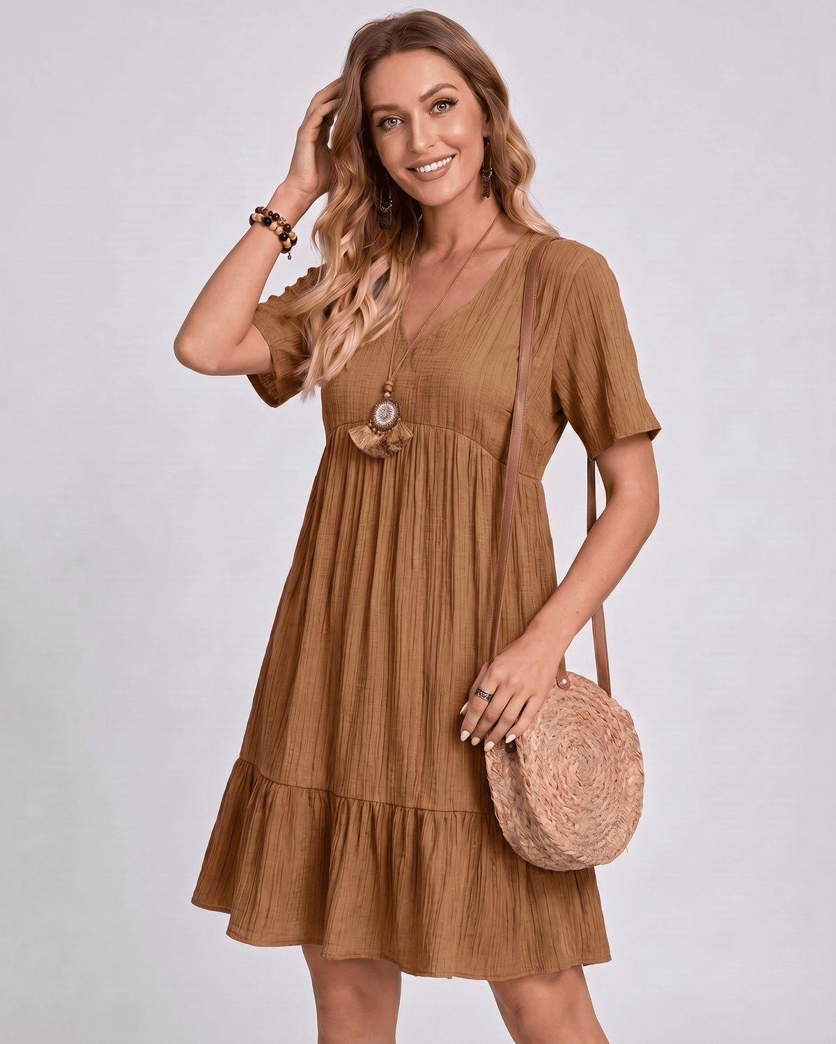 Solenne Mini Dress by Lauven — textured short sleeve V-neck A-line mini dress