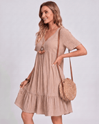 Solenne Mini Dress by Lauven — textured short sleeve V-neck A-line mini dress
