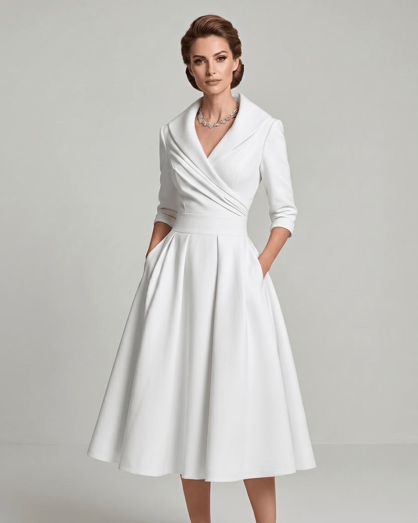 Veloura Midi Dress by Lauven — white satin blend long sleeve V-neck A-line midi dress