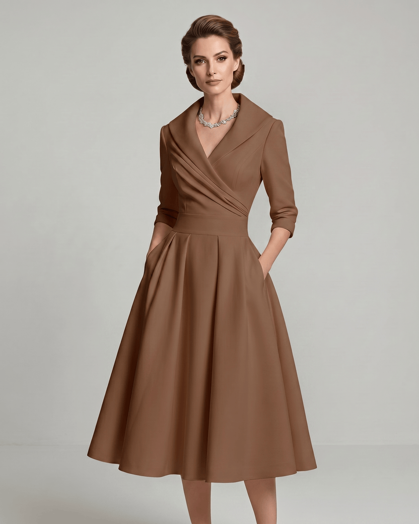Veloura Midi Dress by Lauven — brown satin blend long sleeve V-neck A-line midi dress