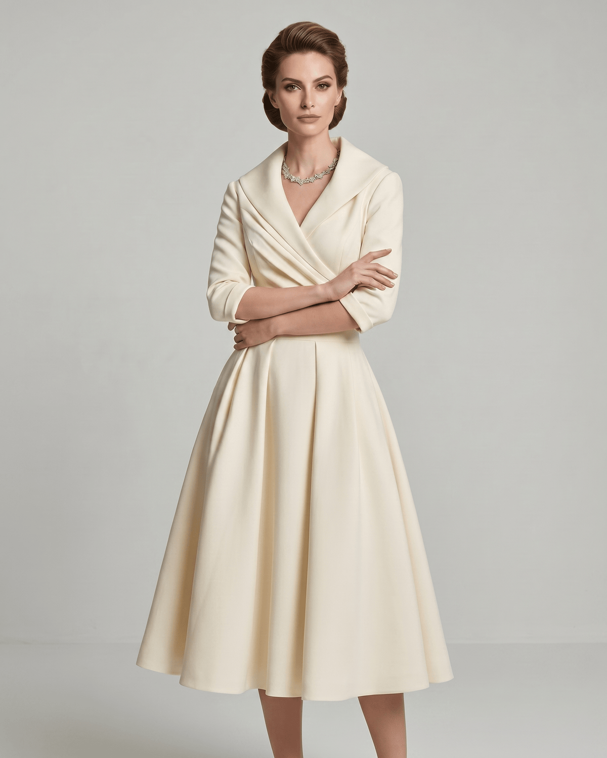 Veloura Midi Dress by Lauven — satin blend long sleeve V-neck A-line midi dress