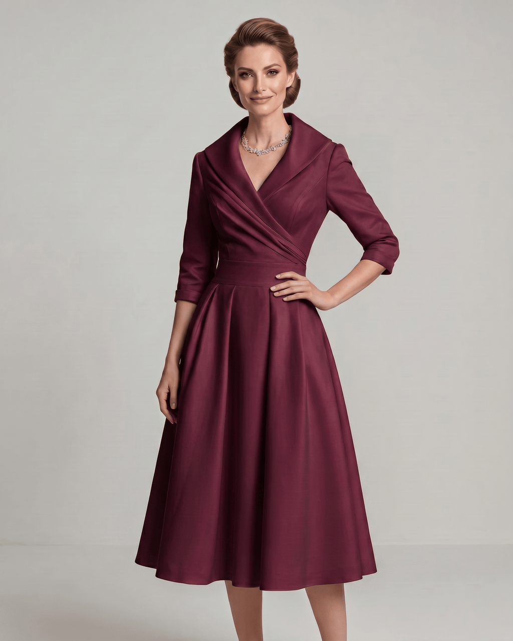 Veloura Midi Dress by Lauven — satin blend long sleeve V-neck A-line midi dress