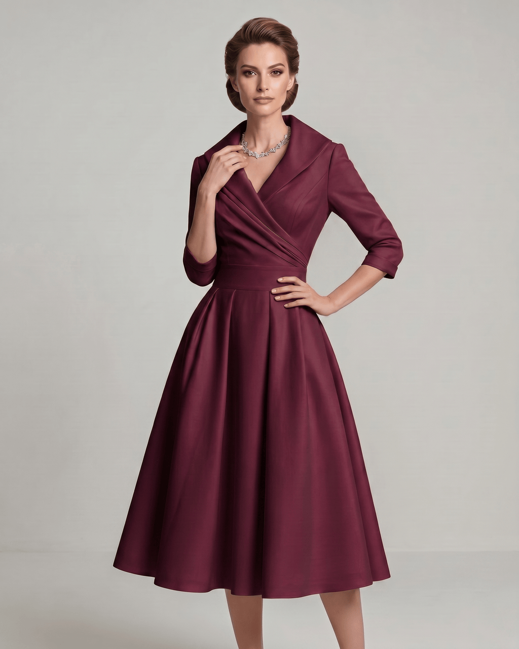 Veloura Midi Dress by Lauven — satin blend long sleeve V-neck A-line midi dress