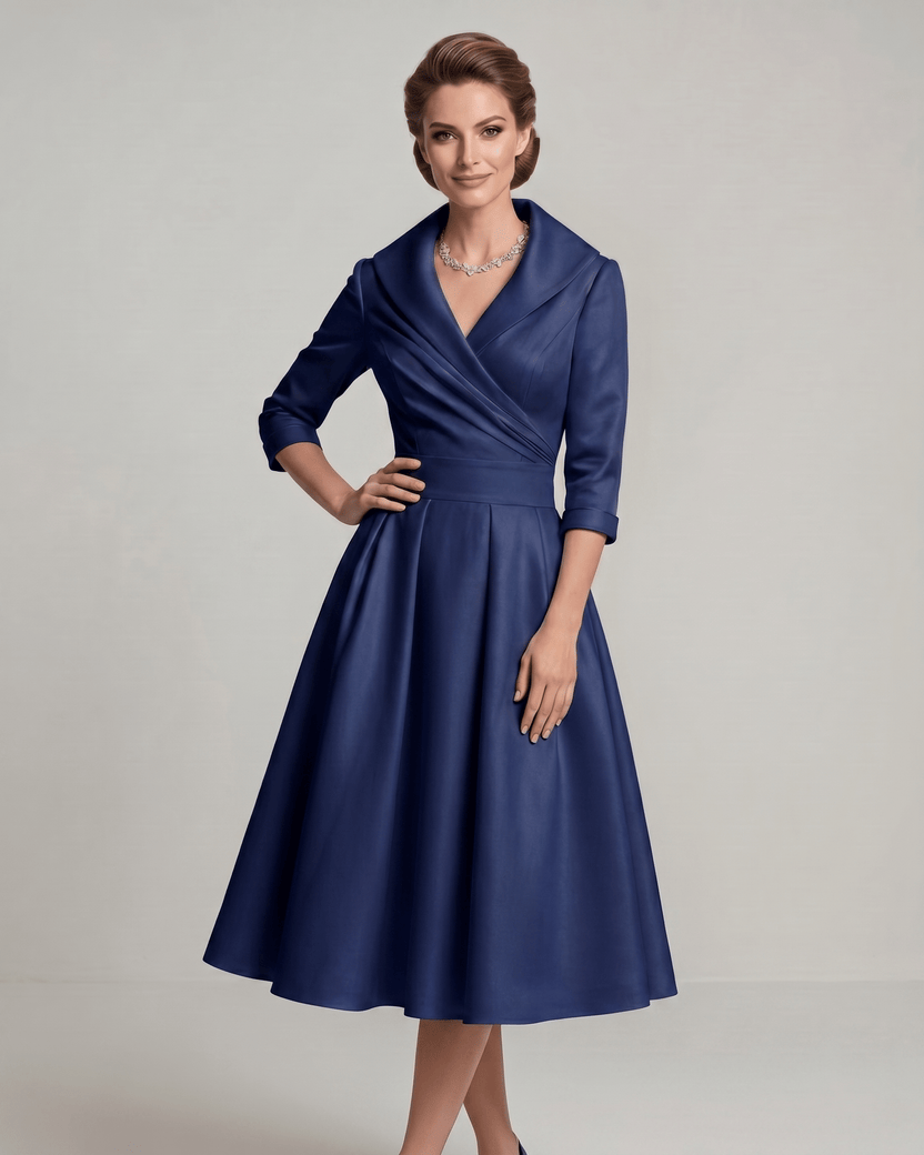 Veloura Midi Dress by Lauven — satin blend long sleeve V-neck A-line midi dress