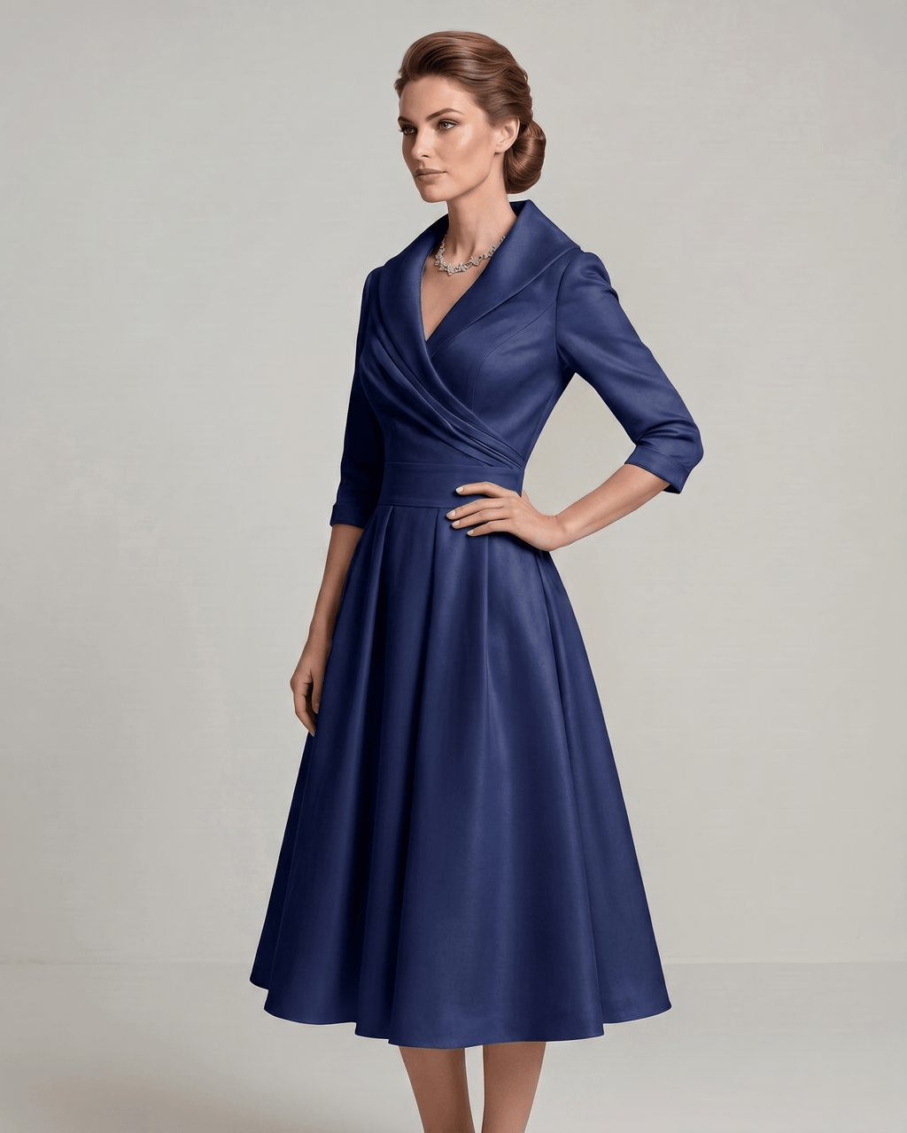 Veloura Midi Dress by Lauven — satin blend long sleeve V-neck A-line midi dress