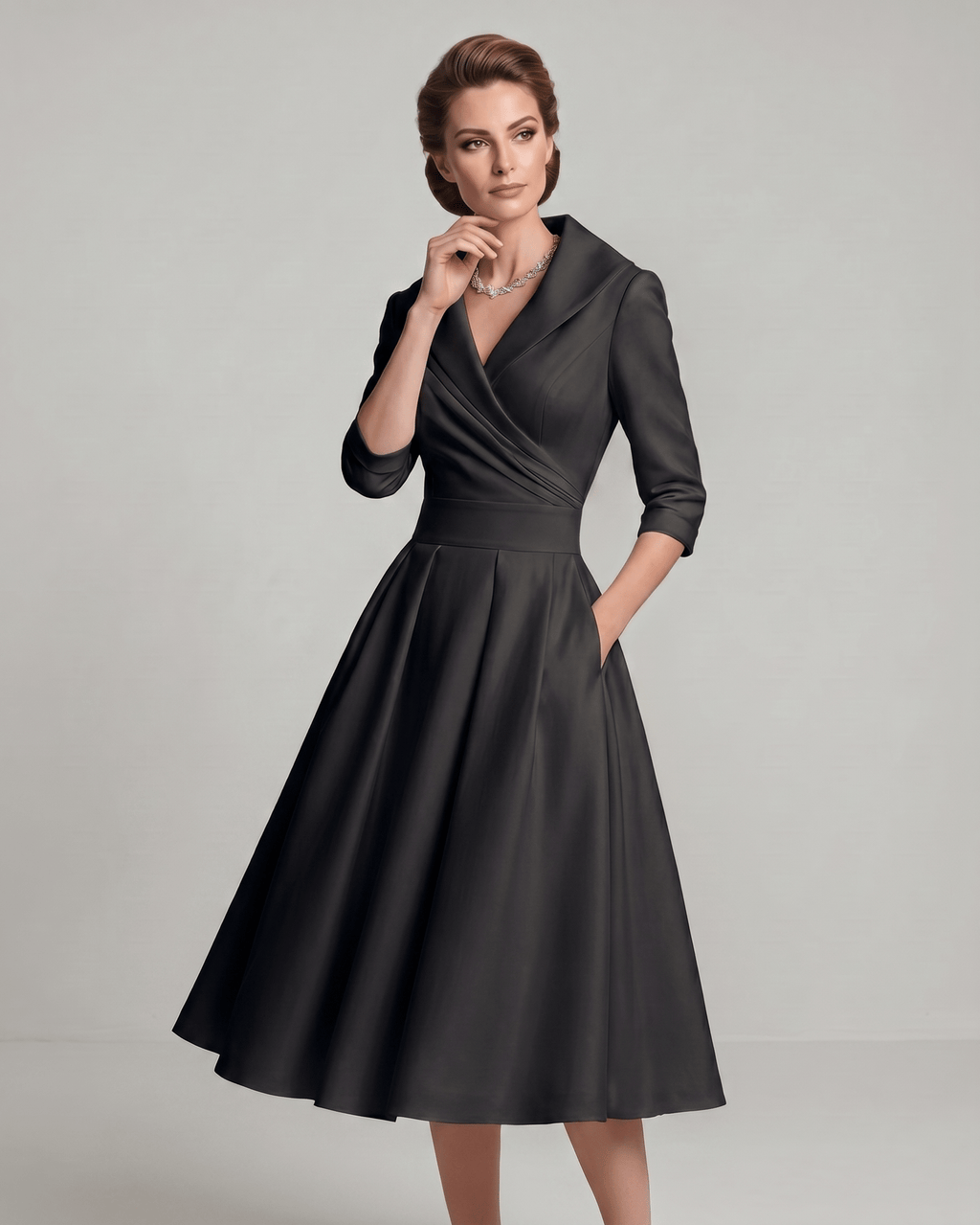 Veloura Midi Dress by Lauven — satin blend long sleeve V-neck A-line midi dress