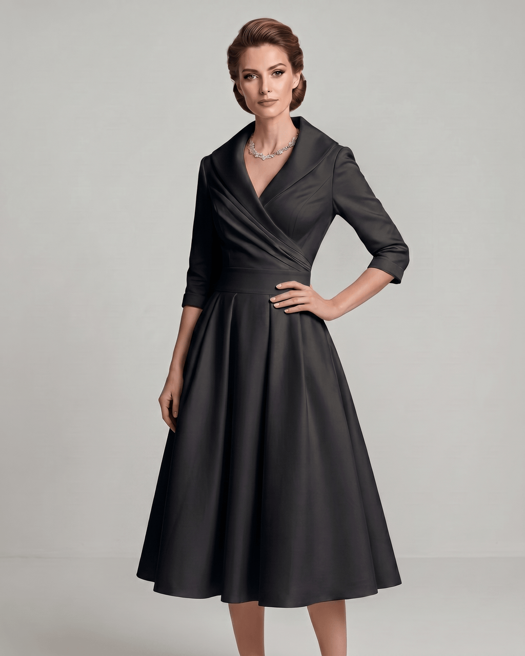 Veloura Midi Dress by Lauven — satin blend long sleeve V-neck A-line midi dress