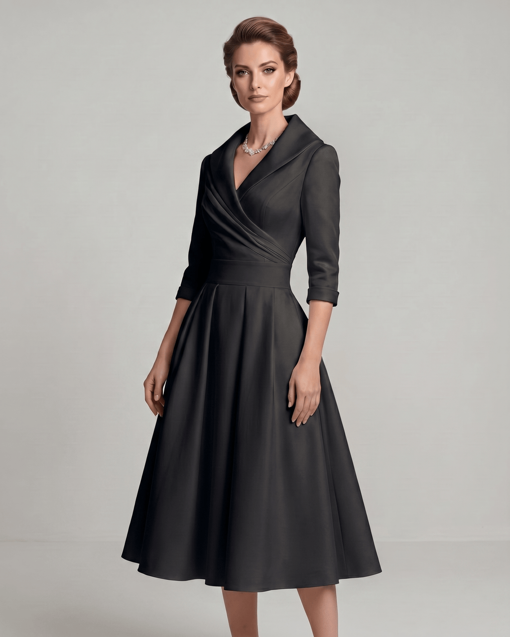 Veloura Midi Dress by Lauven — satin blend long sleeve V-neck A-line midi dress