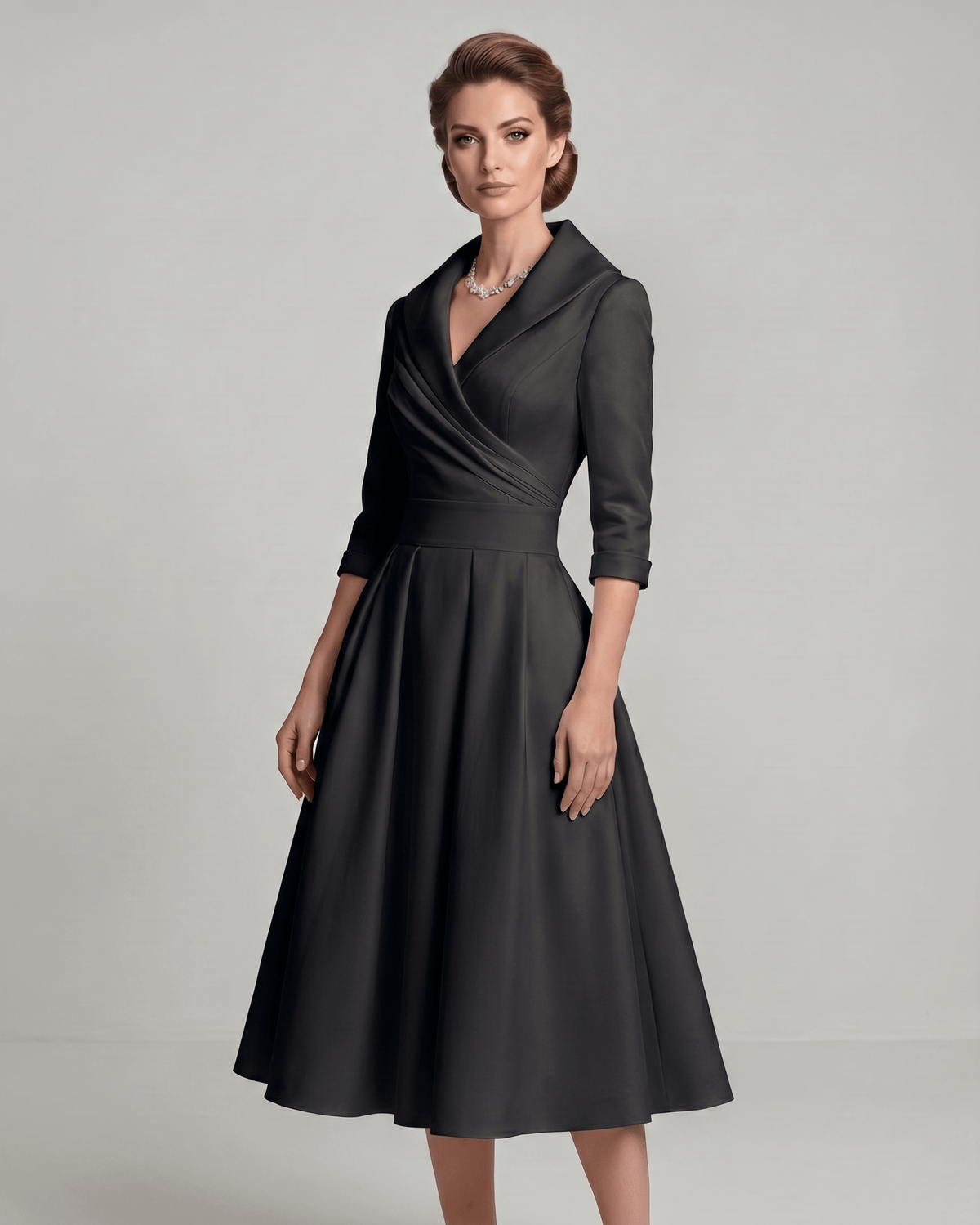Veloura Midi Dress by Lauven — satin blend long sleeve V-neck A-line midi dress