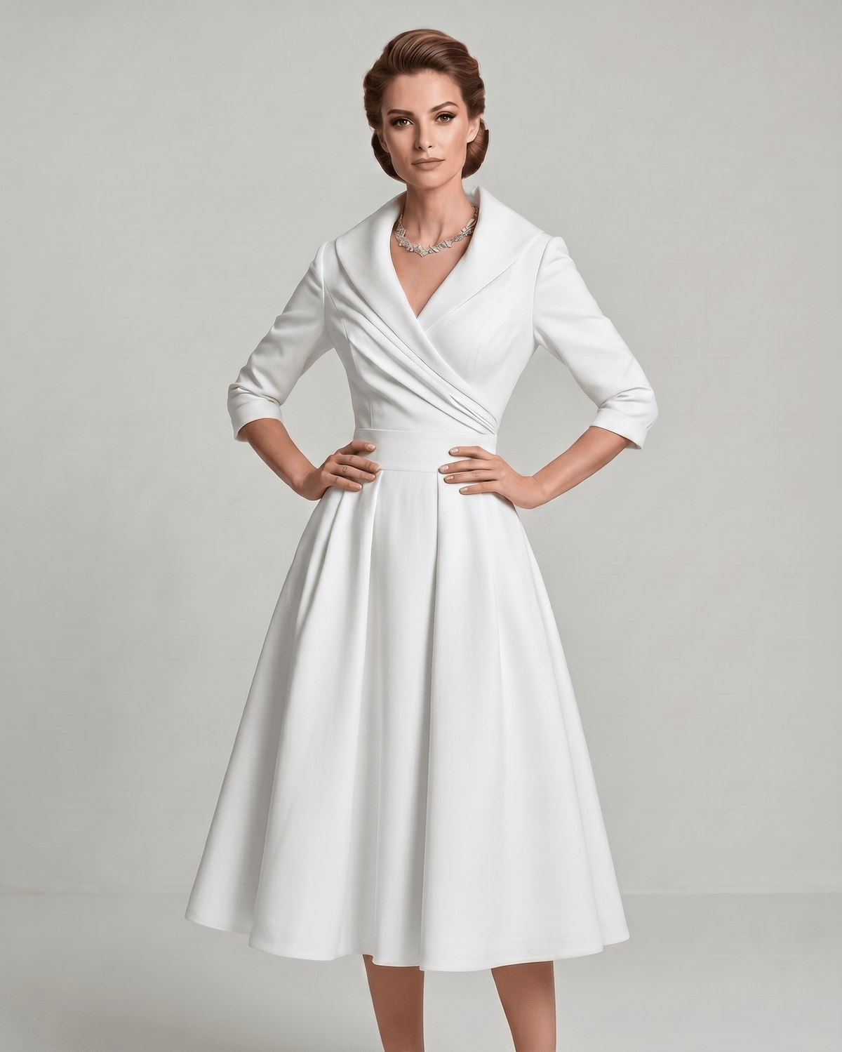 Veloura Midi Dress by Lauven — satin blend long sleeve V-neck A-line midi dress