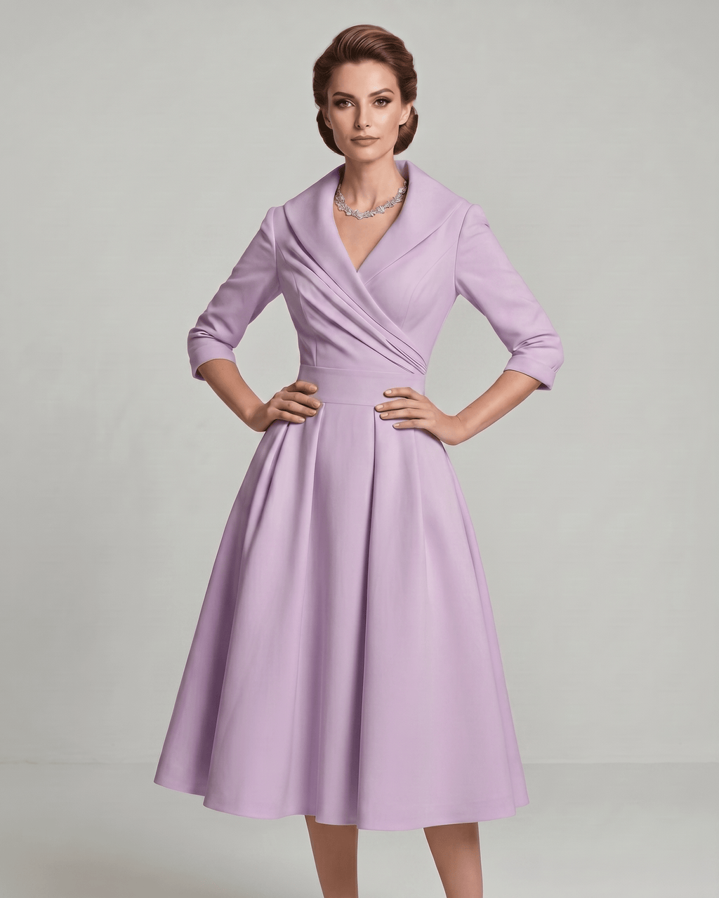 Veloura Midi Dress by Lauven — satin blend long sleeve V-neck A-line midi dress