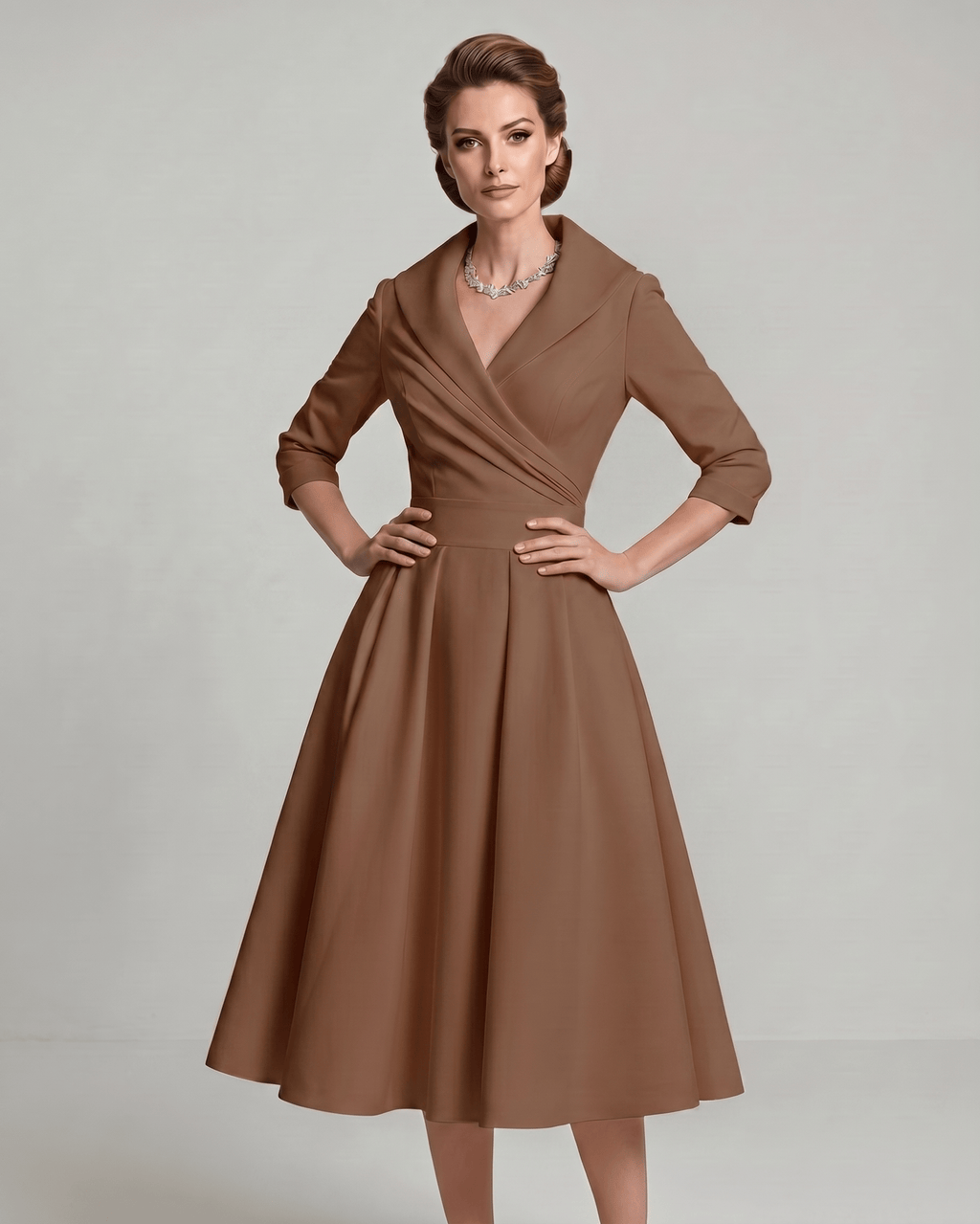 Veloura Midi Dress by Lauven — satin blend long sleeve V-neck A-line midi dress