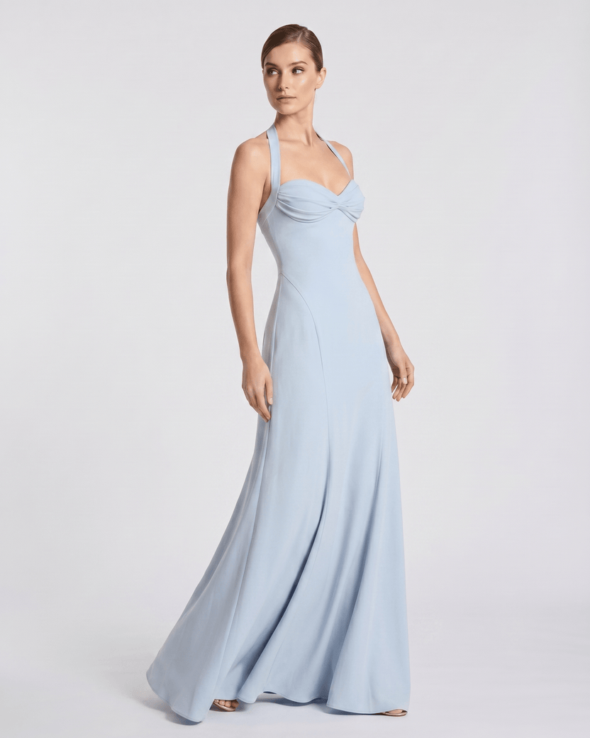 Celestia Maxi Dress by Lauven — stretch blend sleeveless sweetheart halter fit and flare maxi dress