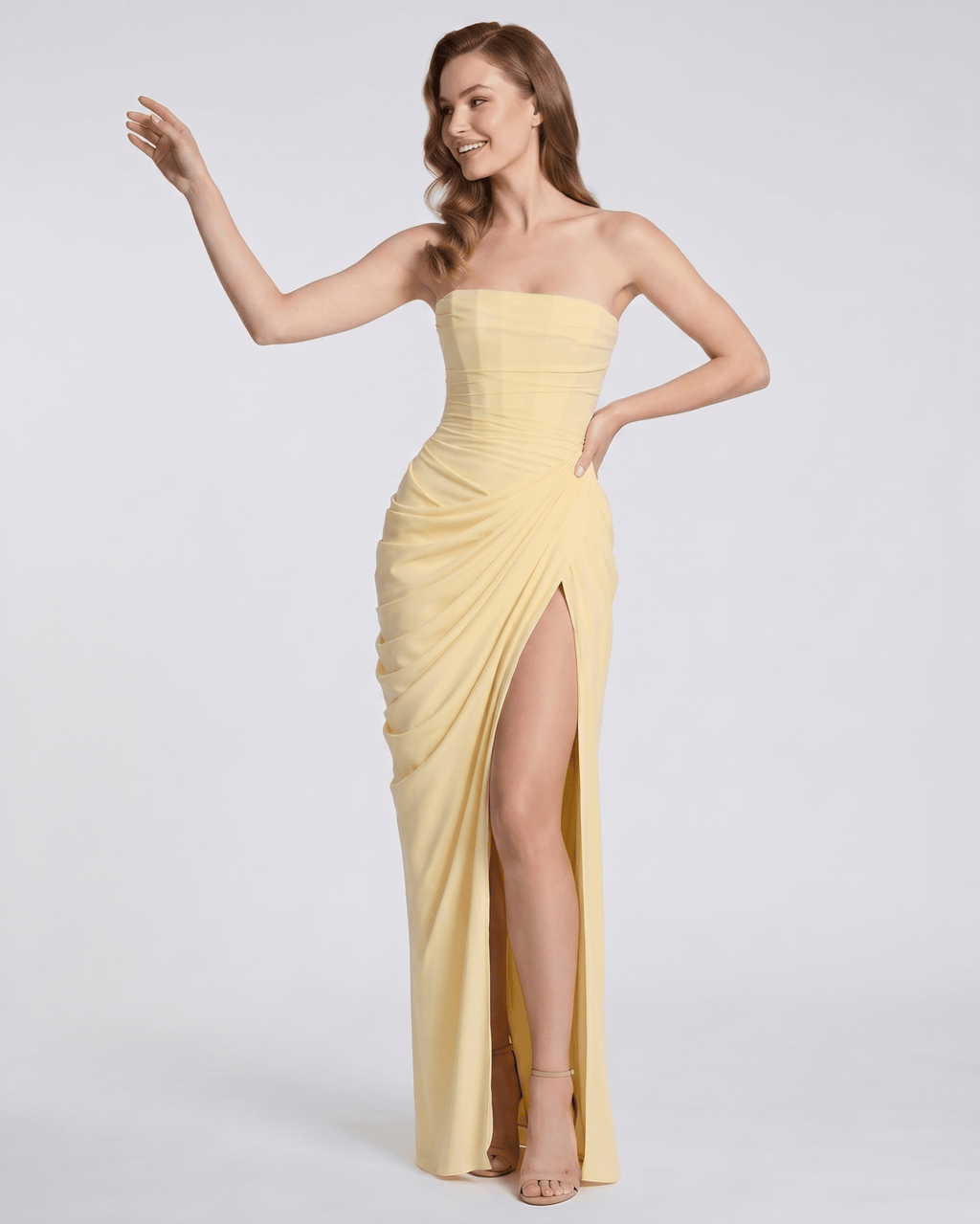 Noiré Maxi Dress by Lauven — stretch blend sleeveless strapless draped maxi dress