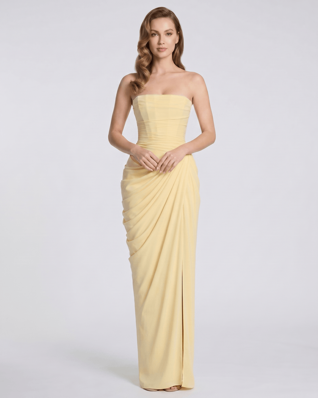 Noiré Maxi Dress by Lauven — stretch blend sleeveless strapless draped maxi dress