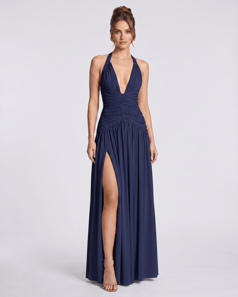 Veloura Maxi Dress by Lauven — navy stretch blend sleeveless deep V-neck ruched maxi dress