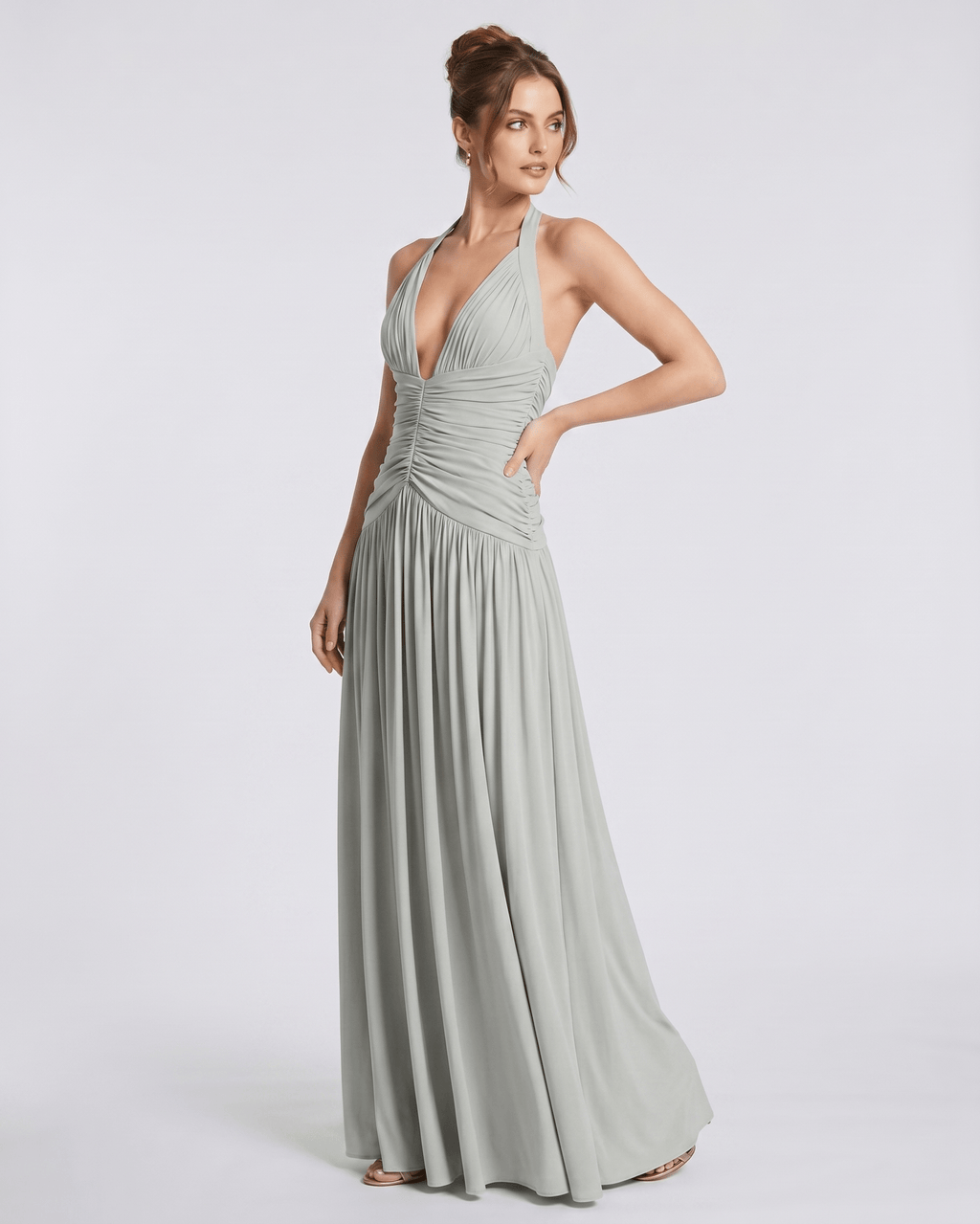 Veloura Maxi Dress by Lauven — stretch blend sleeveless deep V-neck ruched maxi dress